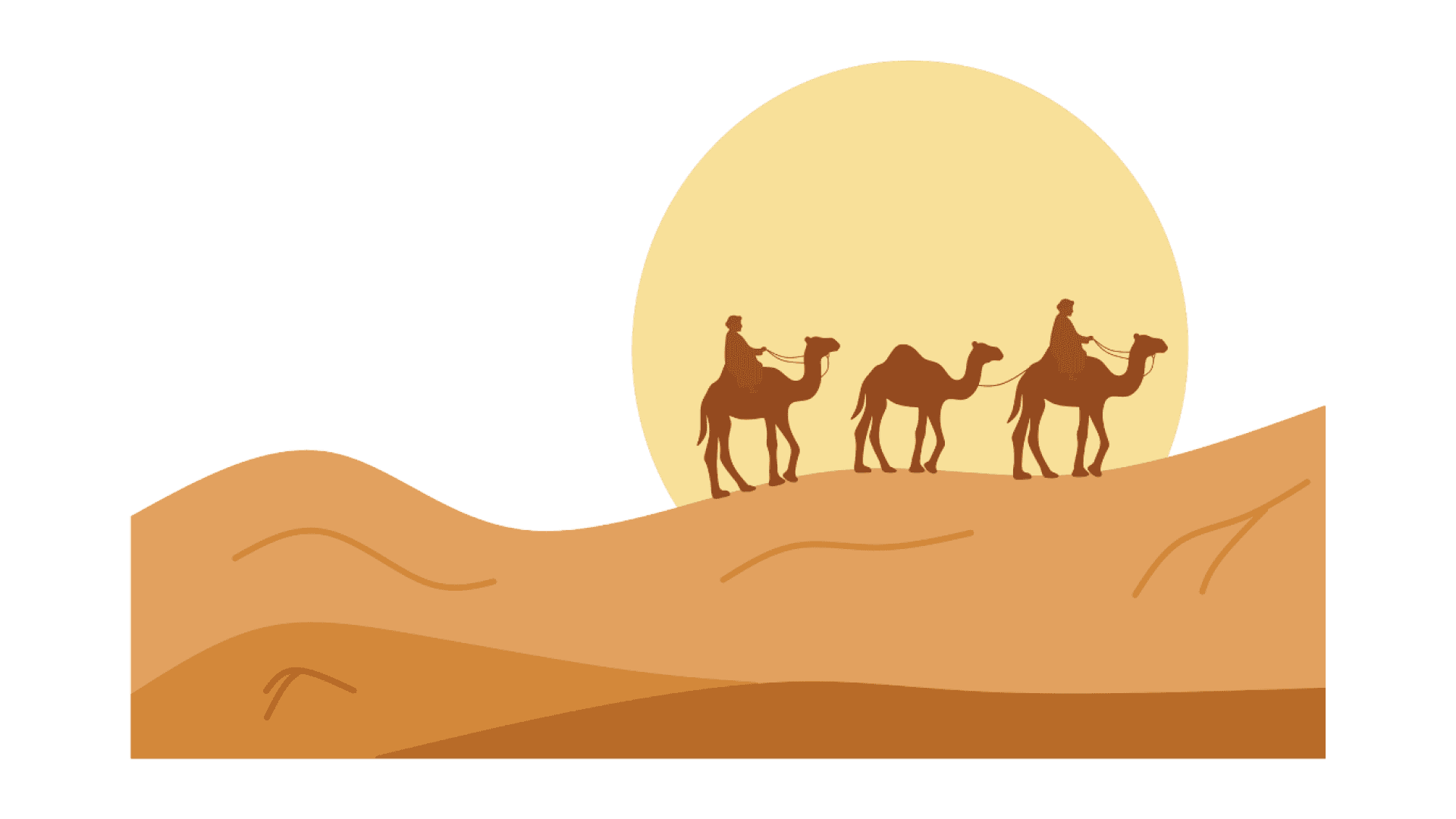 Cartoon image of three camels in a desert