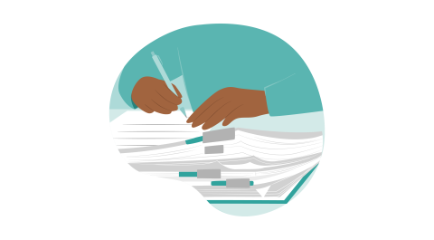 A cartoon image of someone writing in a document