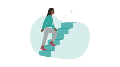 A cartoon image of a woman walking up the stairs